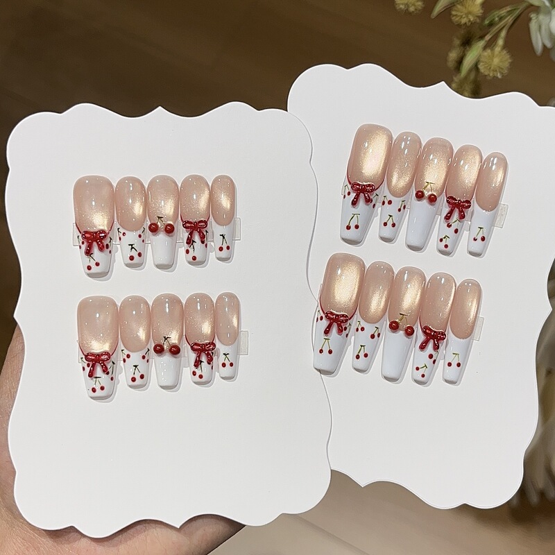 Taoxili【Cream Cherry】Vibrant Summer Nude Pink Pearlescent Cat Eye Cherry Pure White French Handmade Press-On Nails Taoxili【Cream Cherry】Vibrant Summer Nude Pink Pearlescent Cat Eye Cherry Pure White French Handmade Press-On Nails