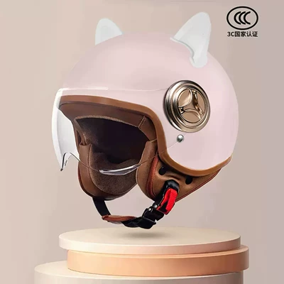 Motosiklet kaskı (dəbilqə): Cross-Border Electric Vehicle Helmet for Men - 801-new-national-standard-class-a-3c-certification-soft-mist-powder-short-lenses-white-rabbit-ears-free-size