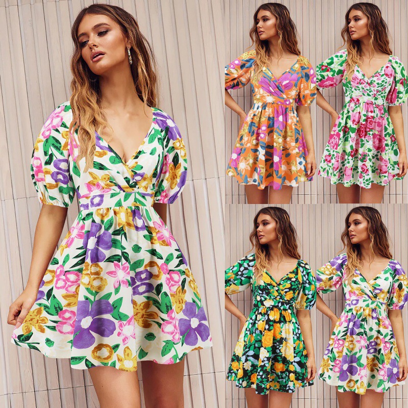 Cross-Border European and American Women's Clothing 2024 Summer V-Neck Printed Beach Dress Lantern Sleeve Short Dress Versatile Color-Blocking