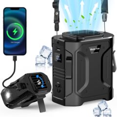 腰掛け扇風機を携帯して温度を下げます。