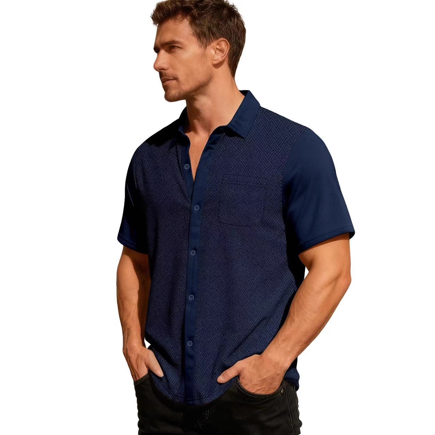 Herren-Sommerhemd mit kurzen Ärmeln, atmungsaktives Polyester, knitterarm, feuchtigkeitsableitend, bequeme Passform, lässiges Design, Knopfleiste_voghion.com