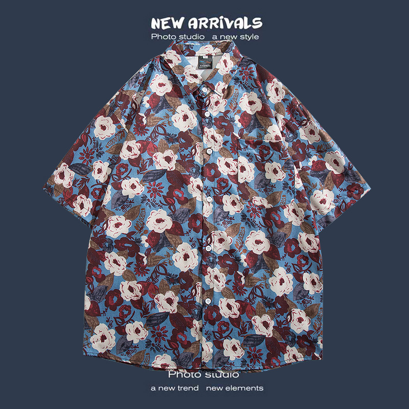 Camisa floral de manga corta Estilo de Hong Kong estilo retro de vetiver Estilo coreano moda guapo camisa de hombres y mujeres de moda y top de hadas