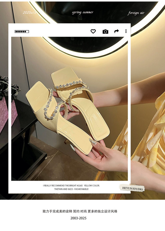Dép sandal nữ quai ngang gót nhọn hở mũi đính đá, mũi vuông — Màu hồng nhạt, Màu vàng nhạt, Màu đen chi tiết 2