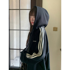 三条杠卫衣女连帽外套2025春季新款拉链开衫宽松学院风灰色上衣秋