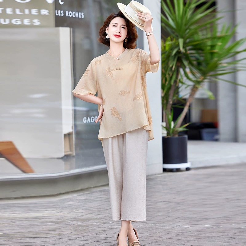 Мама одеваются 2025 летний новый национальный стиль топ футболка рубашка среднего и пожилого возраста женская свободная пуловера маленькая рубашка