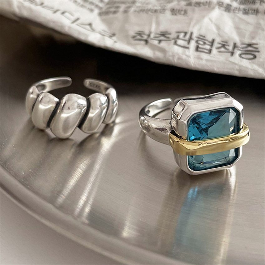 新款純銀925方形藍寶石戒指女復古ins風開口指環高級感輕奢食指戒