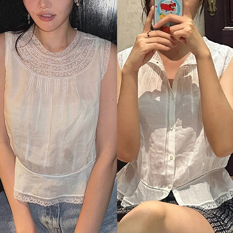 French Niche 2025 Spring and Summer Wear Exquisite Lace-Trimmed Crewneck Lotus Leaf Hem Sleeveless Top 25135