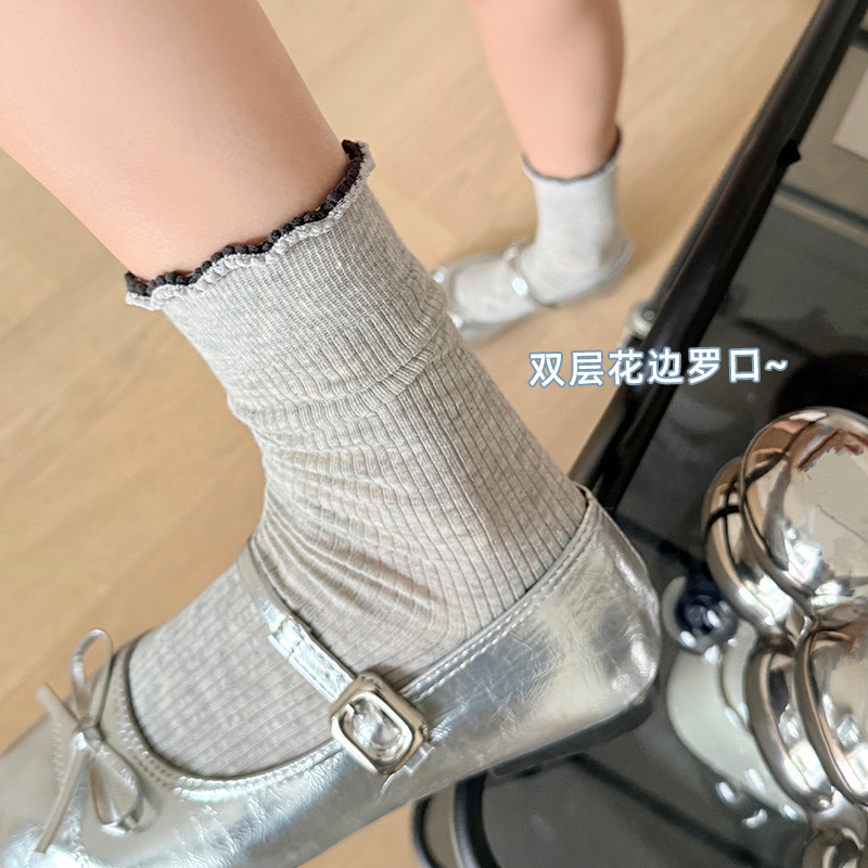 木耳边堆堆袜子女夏季薄款纯棉无骨中筒袜配玛丽珍鞋甜美日系长袜|undefined