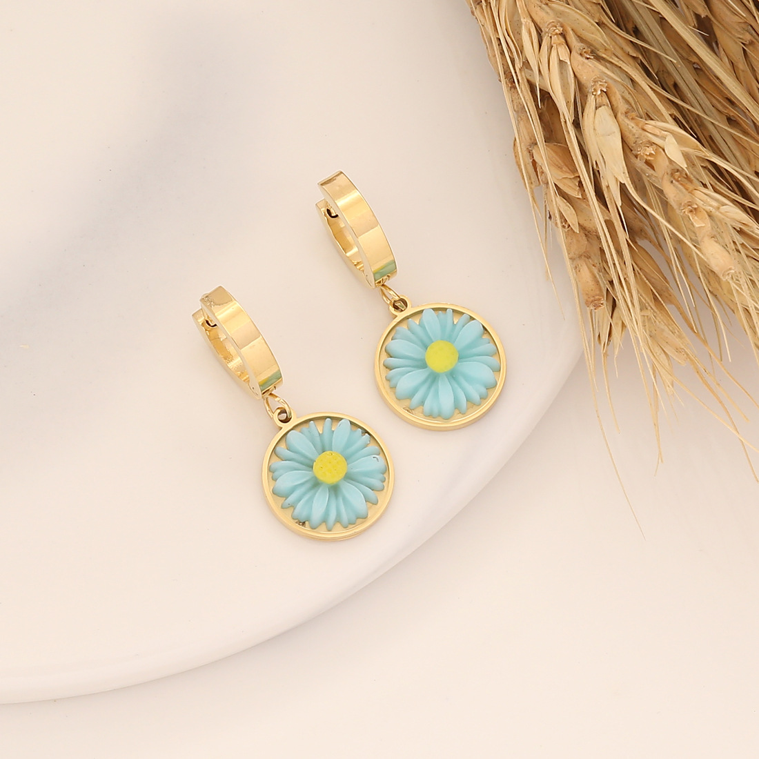 Fashion Daisy Stainless Steel Resin Plating Drop Earrings 1 Pair