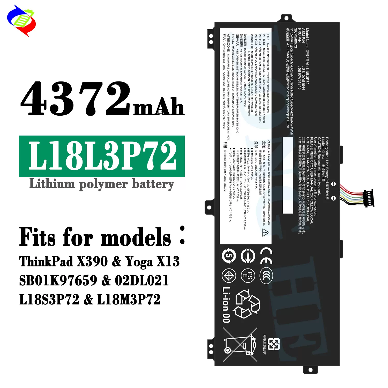 适用联想L18L3P72笔记本电池ThinkPad X390/Yoga X13/SB01K97659
