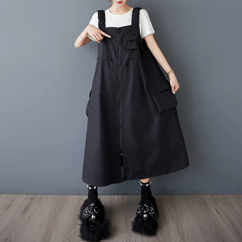 Настоящая фотография в темном стиле, модный нишевый дизайн, юбка на подтяжках с большими карманами, утягивающая повседневная эластичная юбка-жилет в корейском стиле