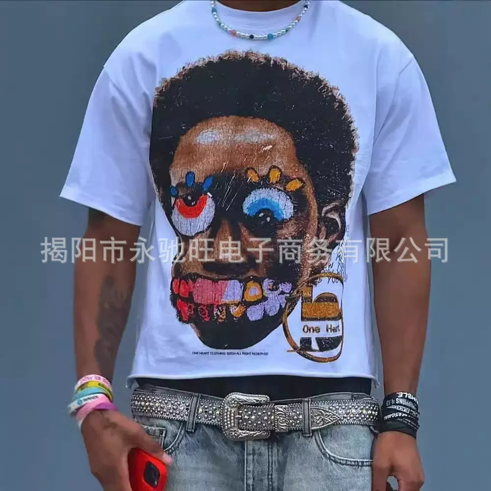 美式哥特潮流超大男人头印花T恤男Y2K街头嘻哈原宿休闲短袖上衣