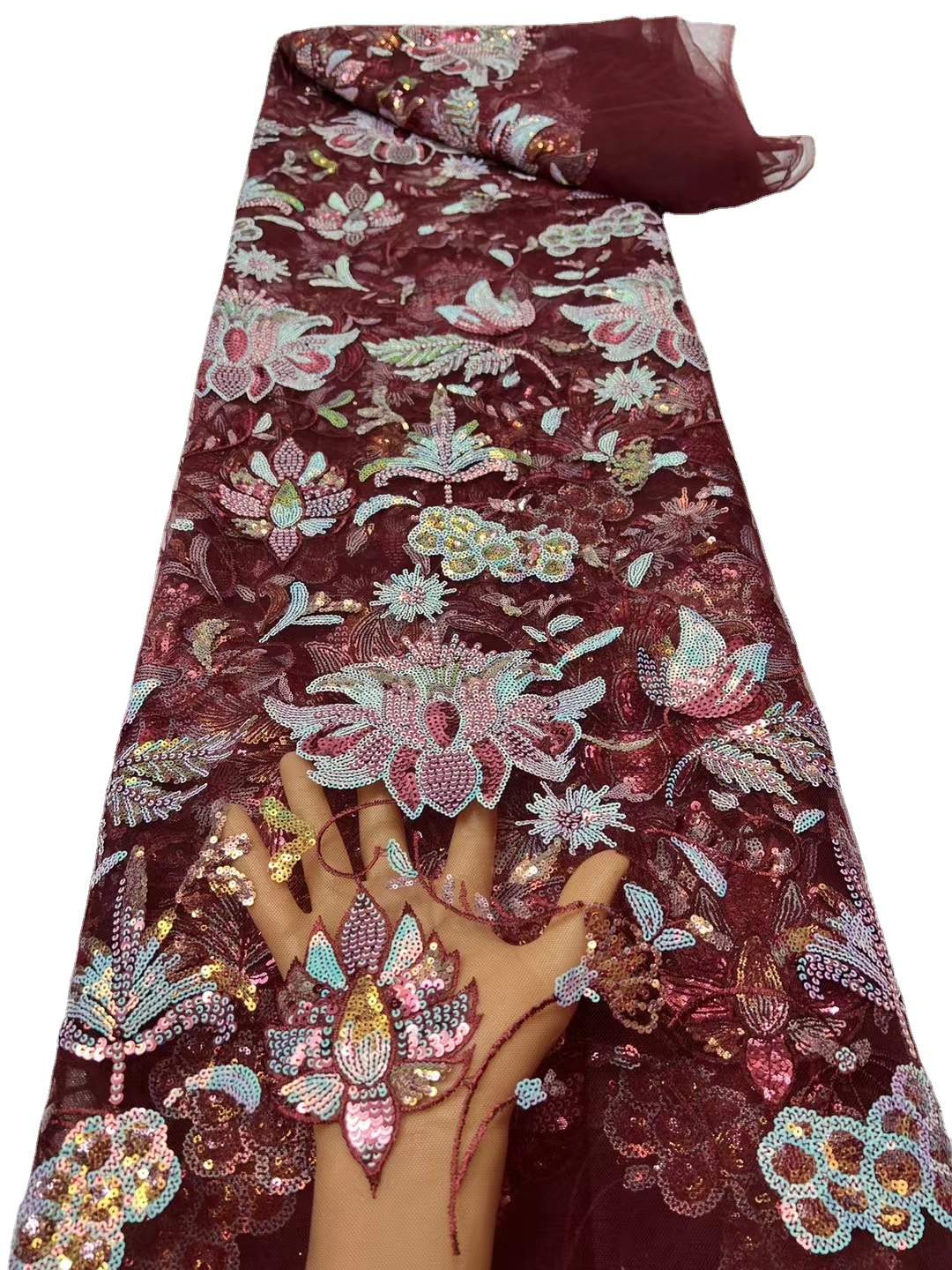 Teñido de punto flor grande suave malla fina encaje europeo y americano fishtail vestido noche lentejuelas tela JX2446