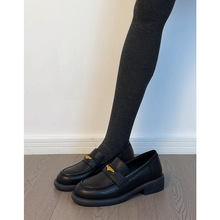 羊皮版~英伦复古圆头一脚蹬乐福鞋简约厚底黑色百搭小皮鞋女单鞋