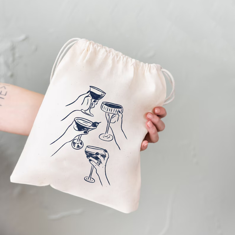 Cross-border Amazon temu hot selling wine glass pattern white cotton printed drawstring pocket drawstring bag Cross-border Amazon temu hot selling wine glass pattern white cotton printed drawstring pocket drawstring bag