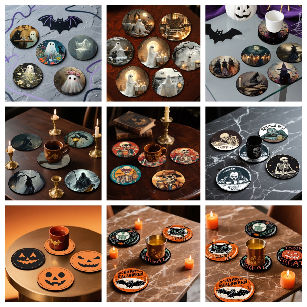 Posavasos de madera Halloween clásico festivo vintage restaurante vajilla con aislamiento térmico posavasos antideslizantes juego de vacaciones