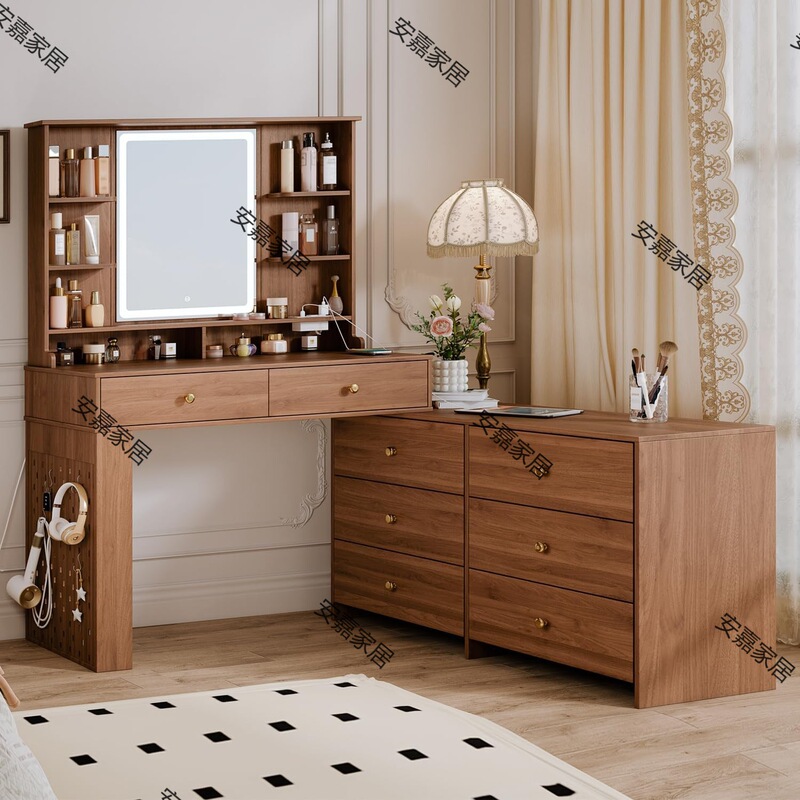 Modern corner dresser with large mirror and lamp and charging station with 8 storage drawers and 8 shelves