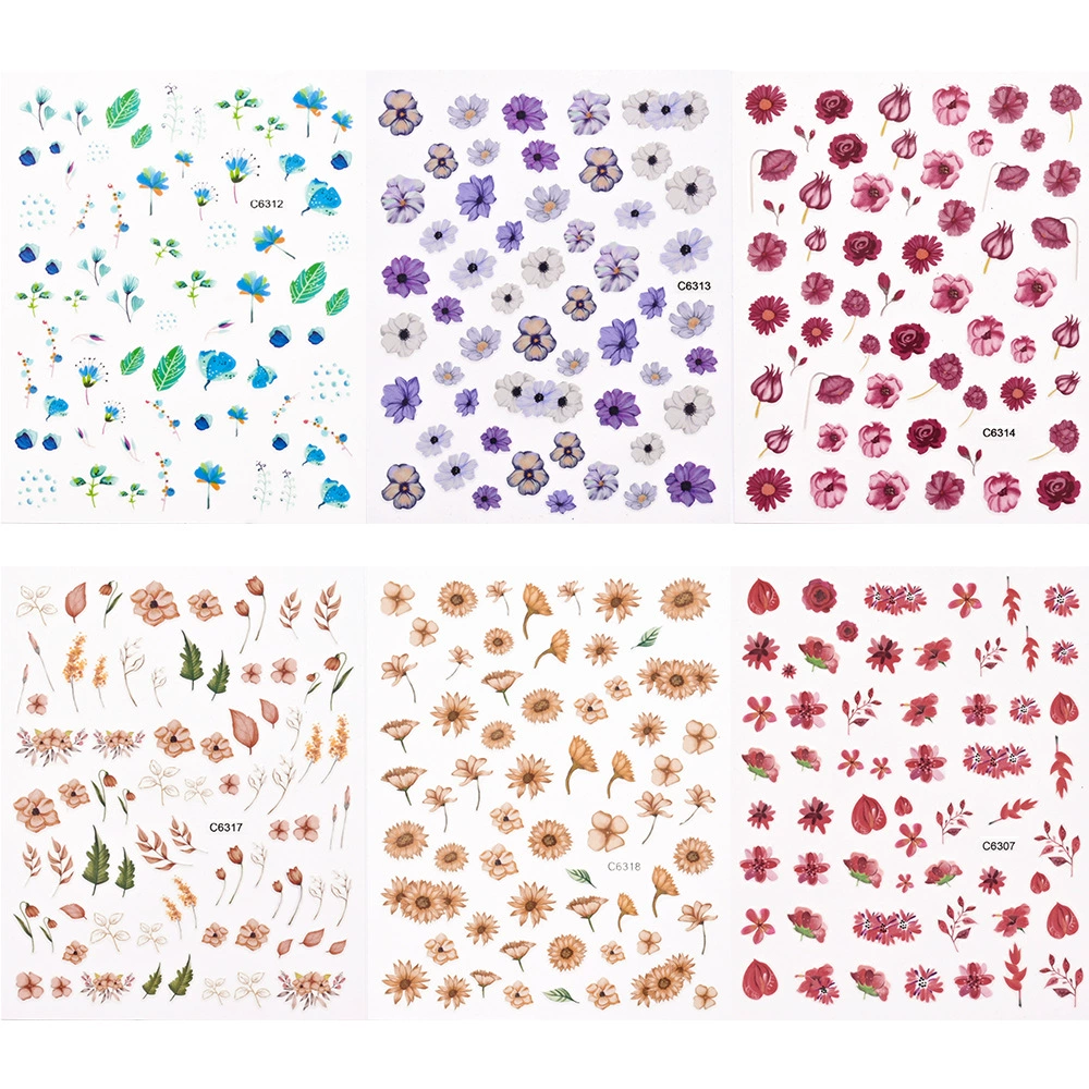 Наклейки для дизайна ногтей в европейском и американском стиле в стиле ретро с цветами, 6 цветов в упаковке, маленькие свежие искусственные цветы и листья, окрашенные наклейки для ногтей