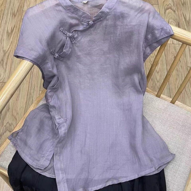 Summer Retro Chinese Style New Chinese Style Oblique Lapel Buttoned Artistic Shirt Women's Irregular Modified Cheongsam Shirt Top