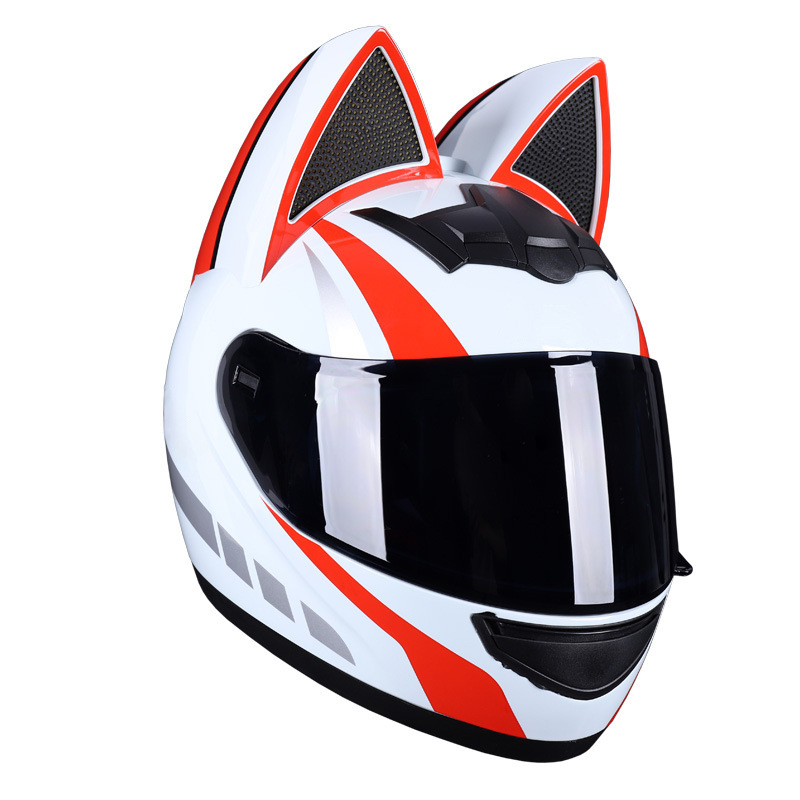 Casco de motocicleta eléctrica HNJ, casco integral con oreja de gato certificado 3C para mujer, verano, se puede equipar con auriculares Bluetooth, casco integral para motocicleta