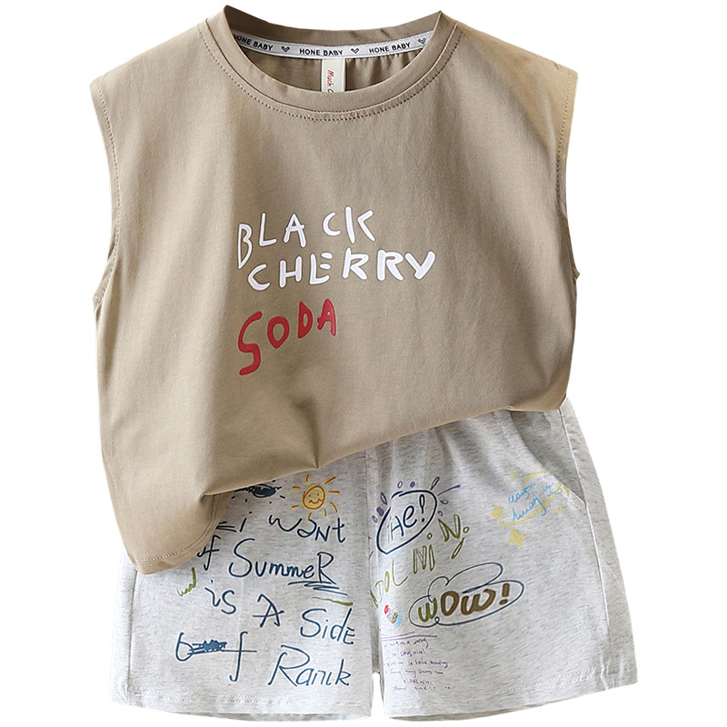 5599 traje de chaleco para niños verano sin mangas delgado vestido de verano de moda estampado de bebé versión coreana de dos piezas de moda
