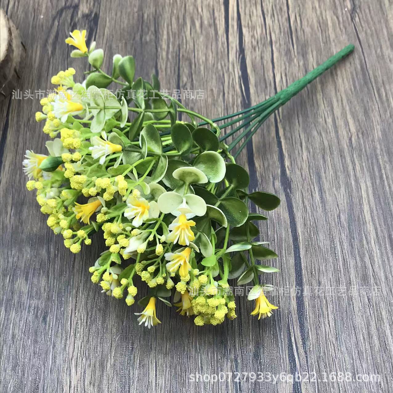 Decoración de flores artificiales de tres puntas, violeta eucalipto, hogar de bodas, 6 flores falsas, ramos de mano, accesorios de tiro