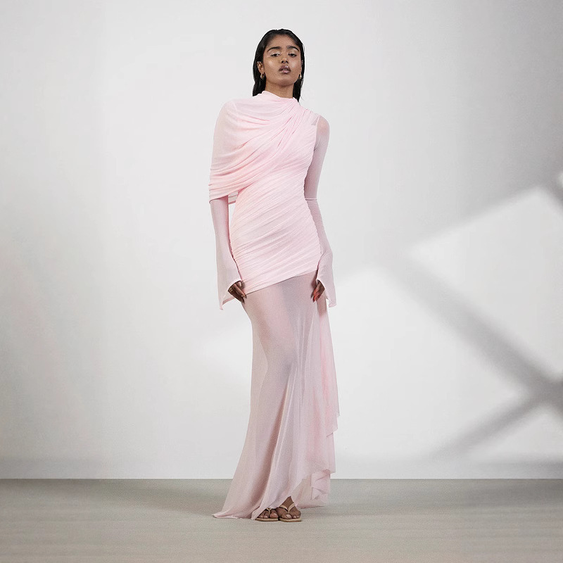 Fairy Pink Asymmetrical Long Dress with High Collar and Draped Feel, Mesh Splicing Dress, French Style Dress, High-Quality Dress