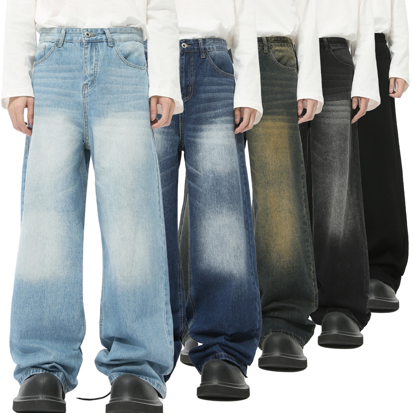 MTLCLOTHES男装|秋款新品 韩版复古多色做旧磨白阔腿直筒牛仔裤潮