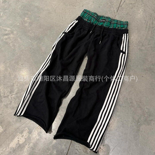 Cross-border American Street Double Waist Lace-up Casual Pants for Men Y2K Retro Harajuku Straight Pants High Waist Hip-hop Sports Pants