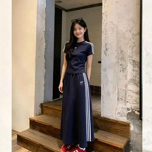 Design Korean two-piece suit for women 2026 summer new bow striped short-sleeved T-shirt + casual skirt