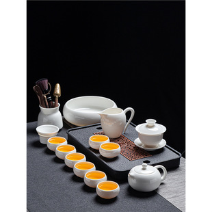 White Jade Porcelain Kung Fu Tea Set for Home and Office Use, Including Teapot, Lidded Bowl, Teacups, Ceramic Luxury Gift Tea Table