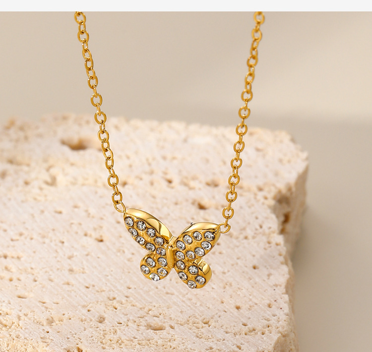 Fashion Butterfly Titanium Steel Pendant Necklace Plating Inlay Artificial Diamond Stainless Steel Necklaces_colorza_2