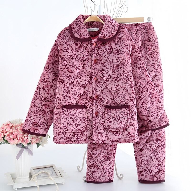 Three-Layer Quilted Cotton Pajamas for Middle-Aged and Elderly Mothers, Winter Coral Fleece Home Wear Set, Three-Layer Quilted Thick Pajamas