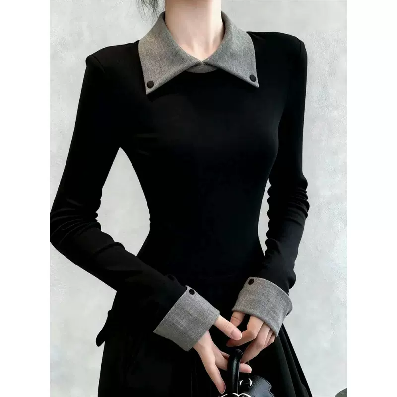 韩系撞色假两件polo领针织打底衫女初冬修身内搭正肩长袖毛衣上衣
