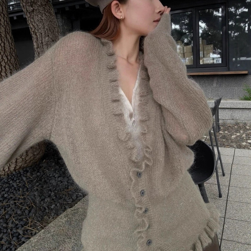 2025 Autumn and Winter Korean Style V Neck Sweater Cardigan Women's Loose Lazy Ruffled Waist Slimming Sweater