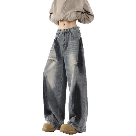 American Style Splash Ink Ripped Scimitar Jeans Men's Summer Loose Retro Fashion Brand Design Wide Leg Micro Long Pants