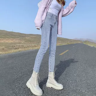 韩版牛仔裤女2024年新款高腰弹力浅蓝色修身显瘦百搭小脚铅笔裤子