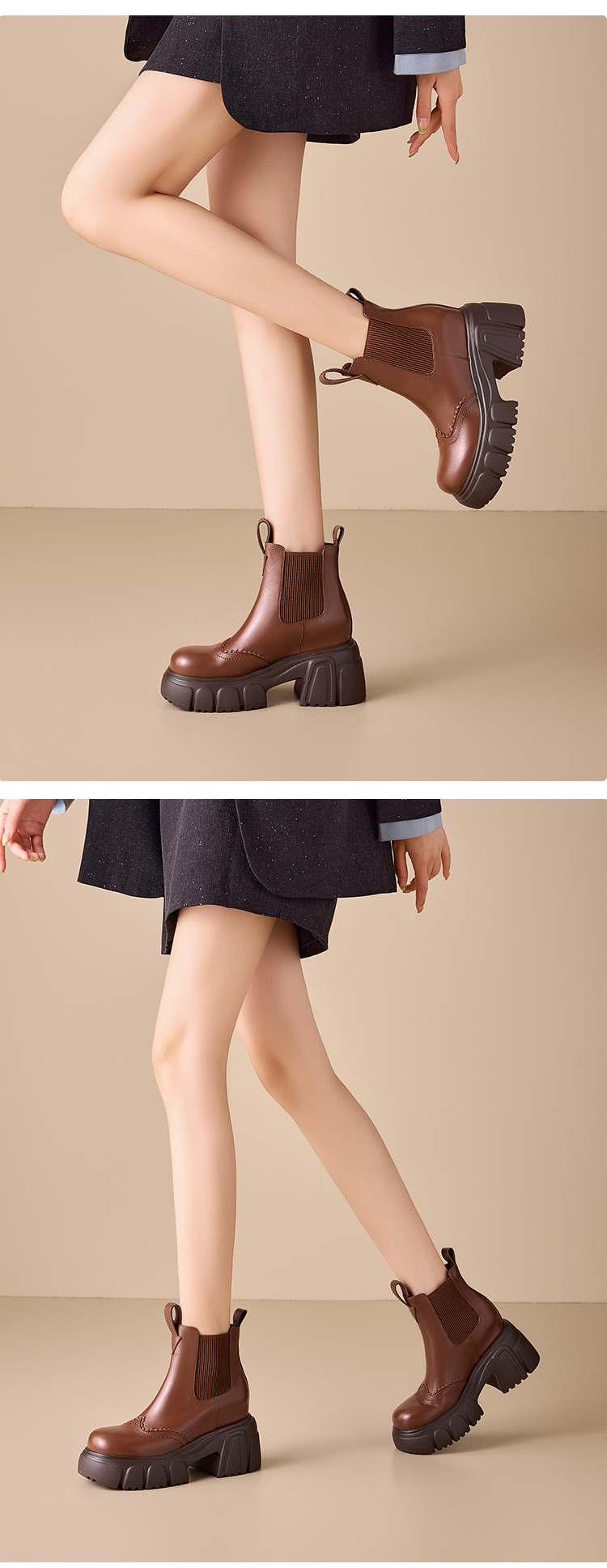 Giày bốt Chelsea nữ cổ thun tăng chiều cao gót 10 cm đế dày da nâu — Lớp lót nhung đen chi tiết 6