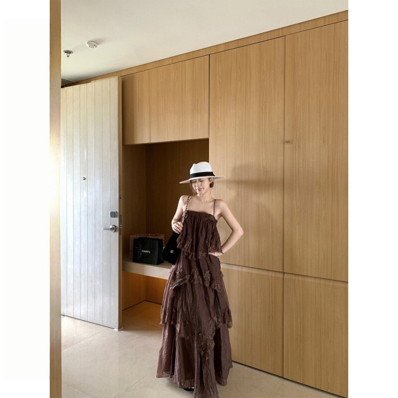 Chestnut Coco Bankelili'Film Mist' Lace Backless Strap Ruffle Dress Long/Short Style for Women Chestnut Coco Bankelili'Film Mist' Lace Backless Strap Ruffle Dress Long/Short Style for Women