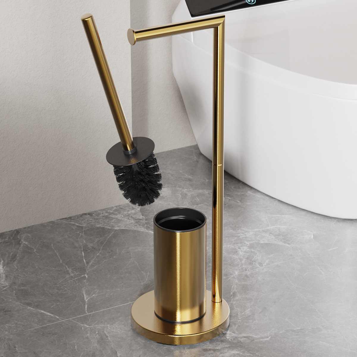 Cepillo de inodoro de piso dorado para el hogar, soporte de toallas de papel, soporte de rollo de papel integrado, cepillo de limpieza, soporte de papel higiénico desmontable