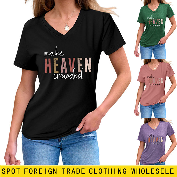 make heaven crowded时尚潮流ebay亚马逊V领短袖女士T恤跨境批发