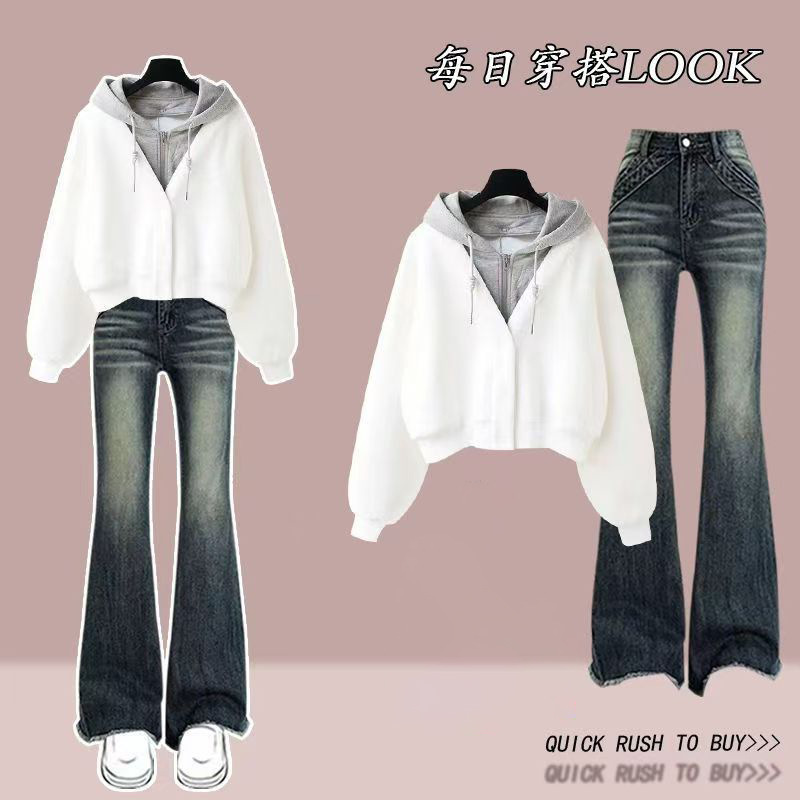 Denim suit# Hooded Fake Two-Piece Short Sweatshirt Autumn Stitching Top Collocated with Slim Rust Horn Pants