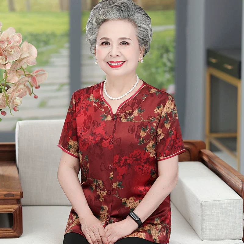 Летняя рубашка для бабушки, женская рубашка Тан для среднего и пожилого возраста, с короткими рукавами, для мамы, 60 лет, 70 лет, Высококачественная летняя одежда
