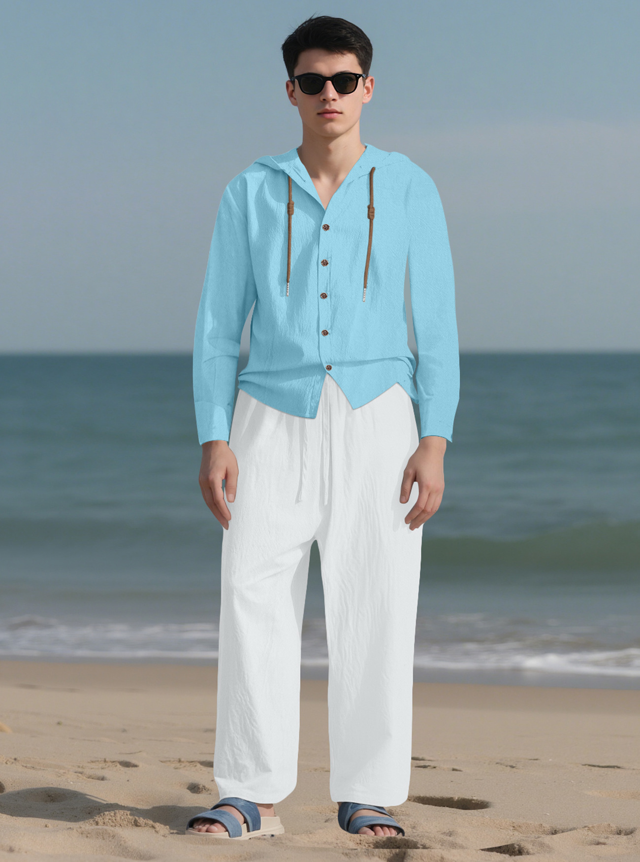 Camisa casual de manga larga de color sólido para hombres europeos y americanos transfronterizos Cárdigan de algodón y lino con cordón con capucha Traje de pantalones de algodón y lino sueltos