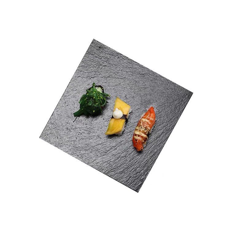 Placa de Roca Negra redonda cuadrada Placa de pizarra de borde recto restaurante occidental sushi japonés postre Placa de presentación Placa de carne