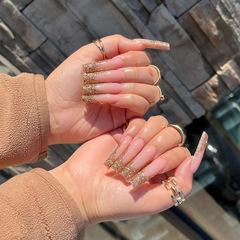 跨境流行穿戴甲批髮長款香檳金閃粉輕奢美甲甲片氣質簡約指甲貼片