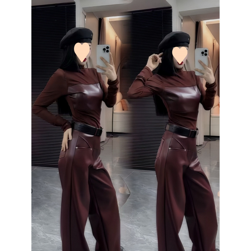 時髦炸街套裝女2025秋冬新款設計感皮拼接打底衫高腰顯瘦闊腿褲