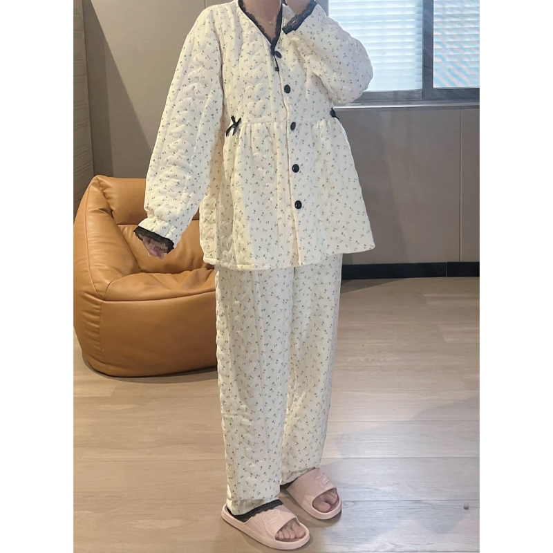 Autumn and Winter Small Floral Moon Clothing Air Cotton October Pregnant Women Postpartum Nursing Pajamas Cotton Thickened Feeding suit