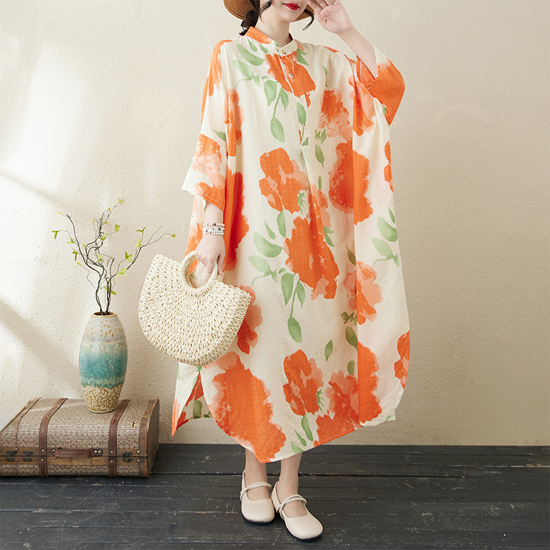 2025 Early Spring New Elegant Literary Retro Cotton and Linen Printed Stand Collar Loose Oversized Holiday Dress