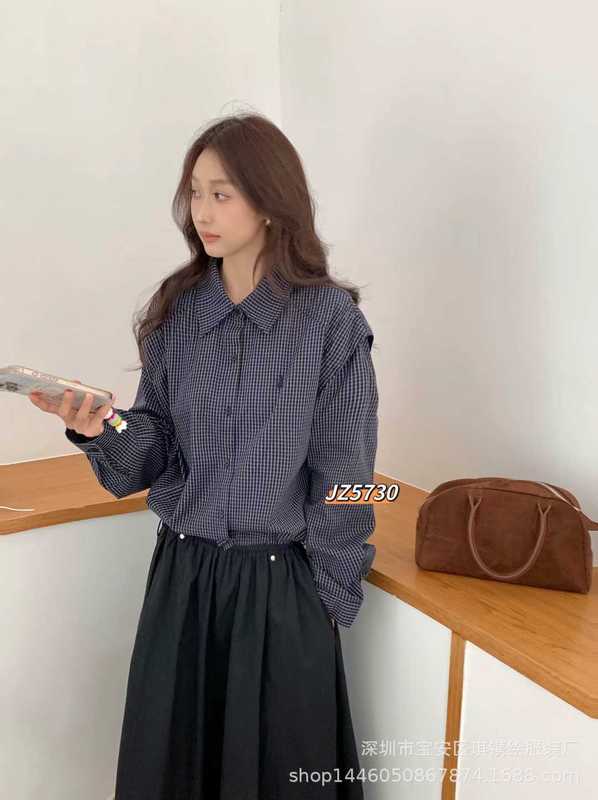 琪镌绘制女装复古格子长袖衬衫女早秋新款设计感显瘦翻领衬衣5730|undefined
